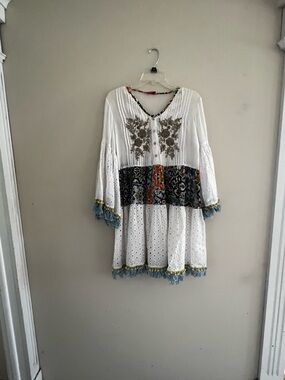 NEW LARGE White Eyelet Boho Dress Multicolor Patchwork fringe tassel’s festival